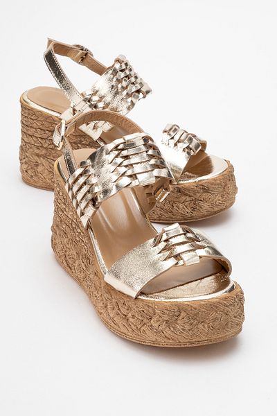 LuviShoes Sandale cu toc pentru femei OLIEN Gold Skin din piele naturală