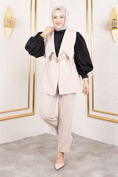 Tesettür Dünyası Button Detailed Elastic Waist Vest Suit Tsd250190 Beige