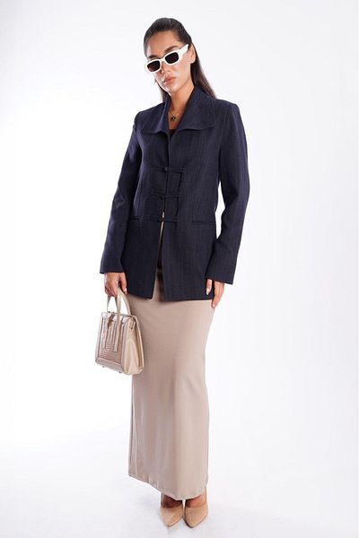 Madmext Navy Blue Tie Detail Blazer Women's Jacket Mg2482