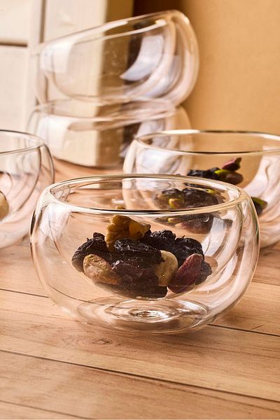 Perotti Bowy 6-Piece Double-Walled Glass Sauce Bowl, Jam Bowl, Dragee Bowl, Turkish Delight Bowl 6X2.5 cm
