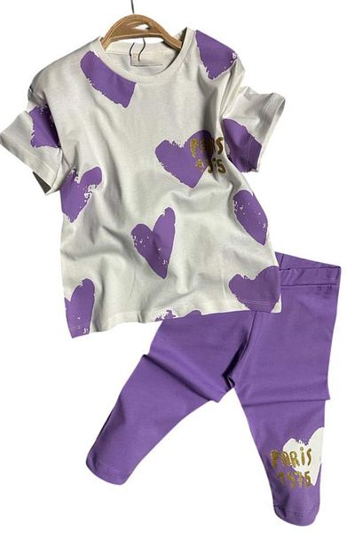 Riccotarz Girl's Capri Lilac Leggings Set with Heart Pattern and Paris Text Printed on Top