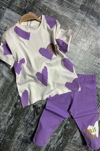 Riccotarz Girl's Capri Lilac Leggings Set with Heart Pattern and Paris Text Printed on Top