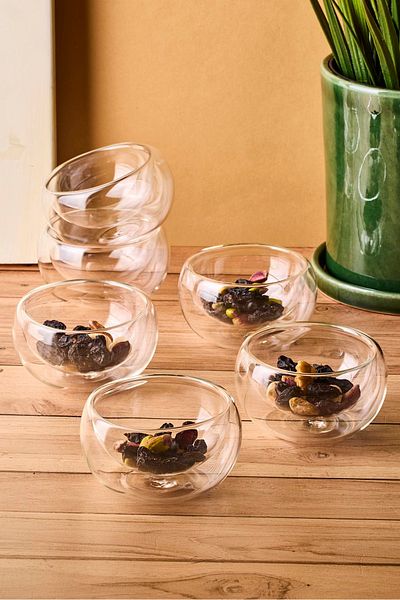 Perotti Bowy 6-Piece Double-Walled Glass Sauce Bowl, Jam Bowl, Dragee Bowl, Turkish Delight Bowl 6X2.5 cm
