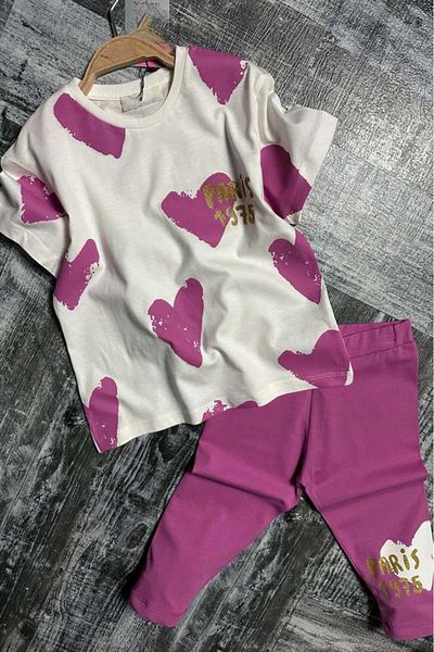 Riccotarz Girl's Capri Purple Leggings Set with Heart Pattern and Paris Text Printed on Top