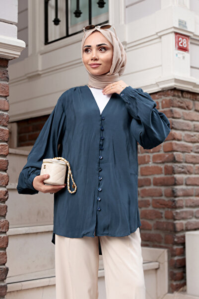 LOCCO Women's Brit Button Detailed Voile Shirt Navy Blue