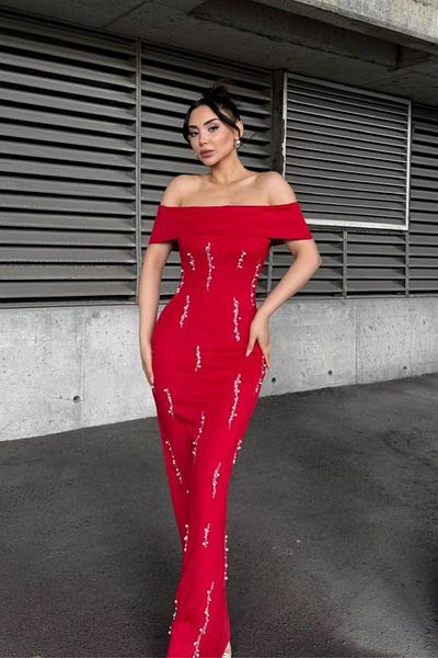 Mossta Off Shoulder Stone Detailed Scuba Evening Dress - Red