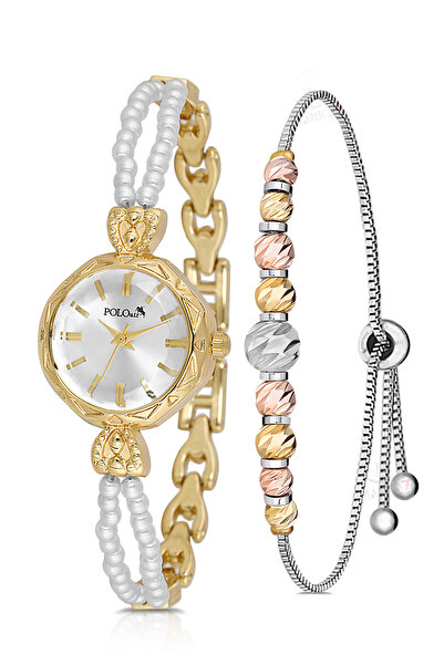 Polo Air İki inci Taşlı Görünümlü Kordon Kadın Kol Saati Dorika Bileklik Komb...