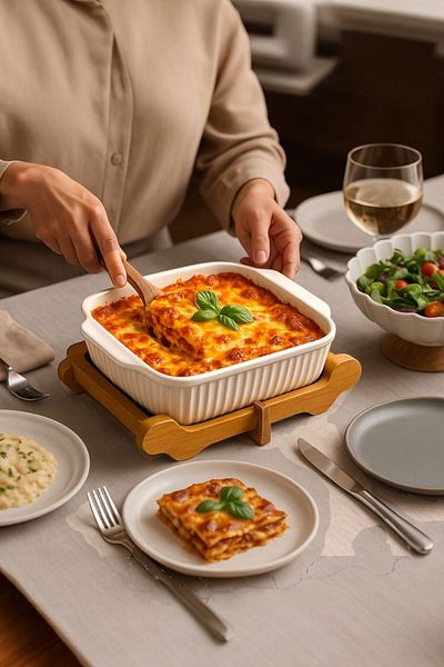 Akkoyunlu home Square Serving Plate with Wooden Base, Salad Bowl Presentation Plate Oven Dish