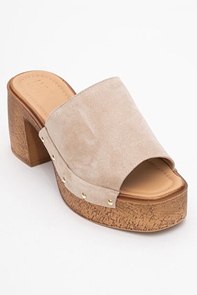 LuviShoes Pull Beige Suede Genuine Leather Women's Platform Heeled Slippers