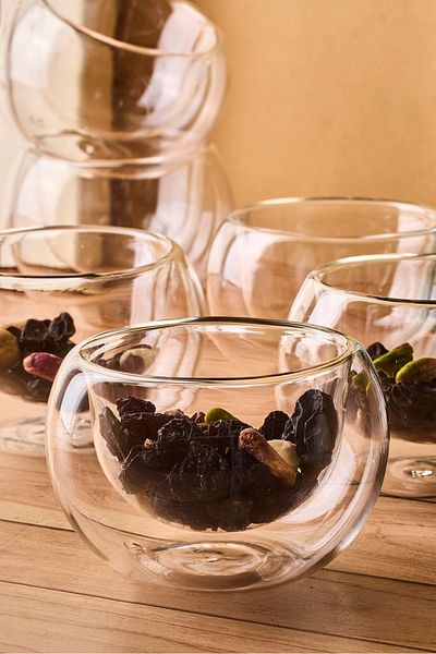 Perotti Bowy 6-Piece Double-Walled Glass Sauce Bowl, Jam Bowl, Dragee Bowl, Turkish Delight Bowl, 6.1X3.5 cm