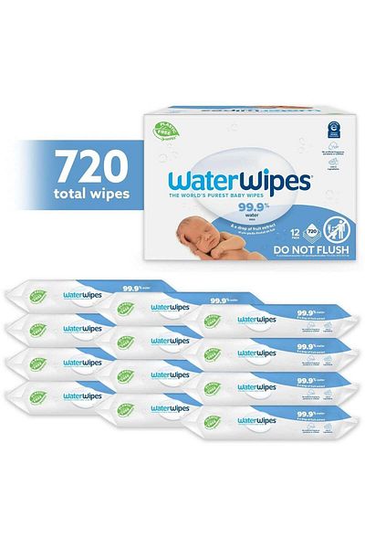 WaterWipes Pack of 12 Water Wipes With 99.9% Water And A Drop of Fruit Extract
