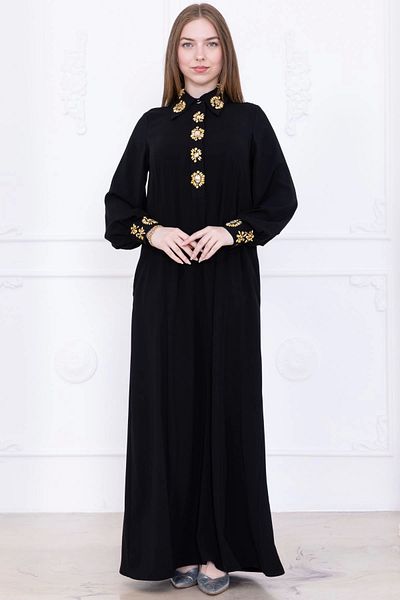 lodmela Casual Form Dress with Collar and Cuff Embroidery Detail 1014-Black