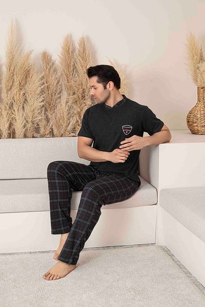 Pijamax Men's Anthracite Square Plaid Pattern Short Sleeve Combed Cotton Knitted Fabric Pajama Set