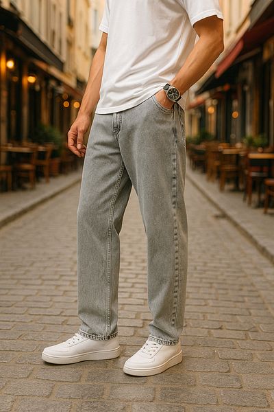 Pobudo Baggy Gray Color Relaxed Fit Men's Jeans Trousers