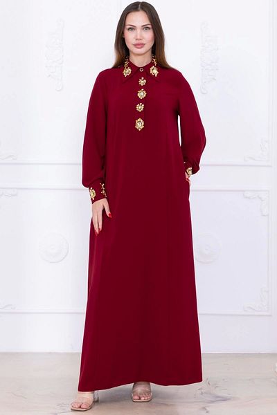lodmela Casual Form Dress with Collar and Cuff Embroidery Detail 1014-Burgundy