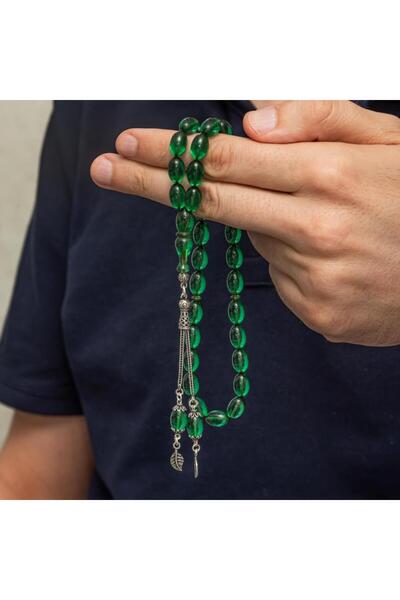 ALYANSEVİM 925 Sterling Silver Tasseled Green Color Drop Cut Fire Amber Prayer Beads