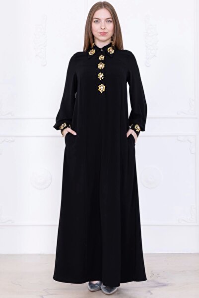 lodmela Yaka ve Manşet İşleme Detaylı Rahat Form Elbise 1014-Siyah