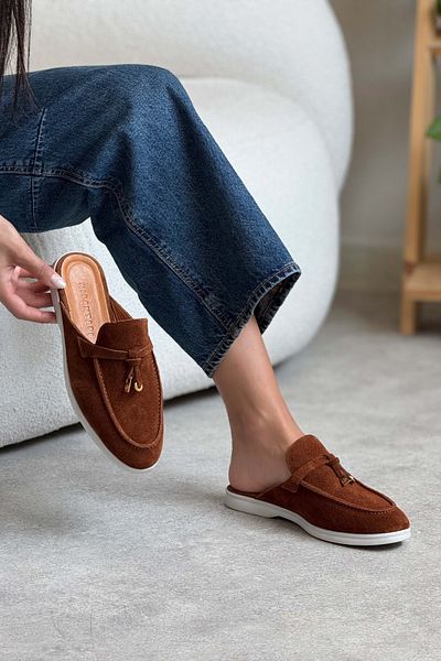 NİŞANTAŞI SHOES Most Tan Suede Genuine Leather Tassel Detailed Flat Sole Women's Slippers