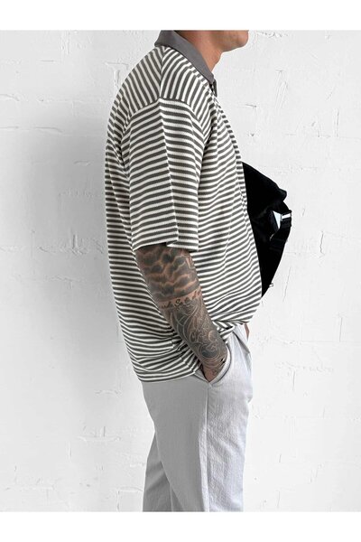 ablukaonline Ανδρικό μπλουζάκι με ριγέ γιακά πόλο Oversize καφέ