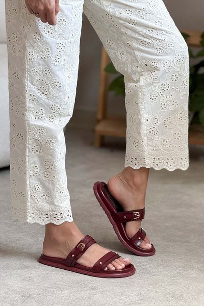 NİŞANTAŞI SHOES Zizi Burgundy Matte Buckle Detailed Double Tape Flat Sole Women's Slippers
