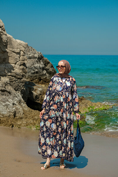 LOCCO Women's Rose Patterned Dress Navy Blue