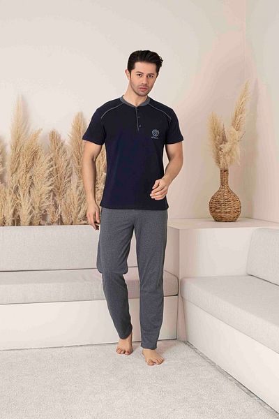 MİRELLA Ανδρικό τοπ Navy Blue-Κάτω καπνιστό ΣΕΤ Κοντό μανίκι με μακρύ χτενισμένο βαμβακερό ύφασμα πλεκτό καλοκαιρινό σετ πιτζάμες