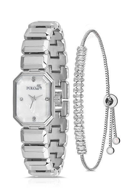 Polo Air Zarif Dikdörtgen Kasa Kadın Kol Saati Zirkon Taşlı Baget Bileklik Kombin Gümüş Renk PL-1532B2