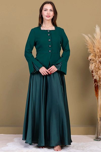 lodmela Square Collar Embroidered Double Suit 4718-Emerald Green