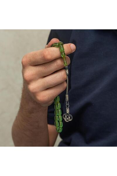 ALYANSEVİM 925 Sterling Silver Kazaz Tasseled Capsule Cut Green Fire Amber Prayer Beads