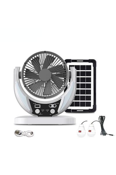 FOXMAG24 Solar table fan, with 2 bulbs, powerbank function, USB, ABS, white/gray