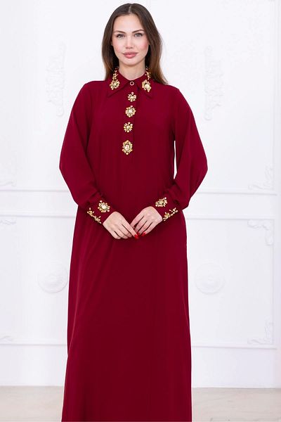 lodmela Casual Form Dress with Collar and Cuff Embroidery Detail 1014-Burgundy