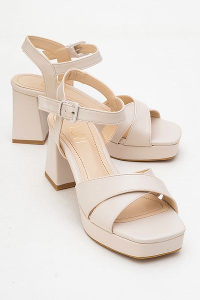 LuviShoes Lisbon Beige Skin Cross Strap Women's Platform Heeled Shoes