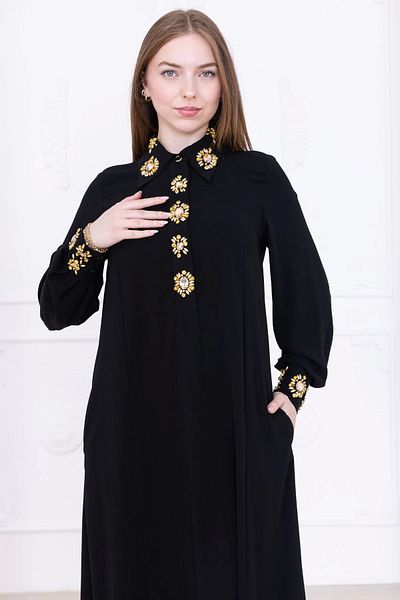 lodmela Casual Form Dress with Collar and Cuff Embroidery Detail 1014-Black