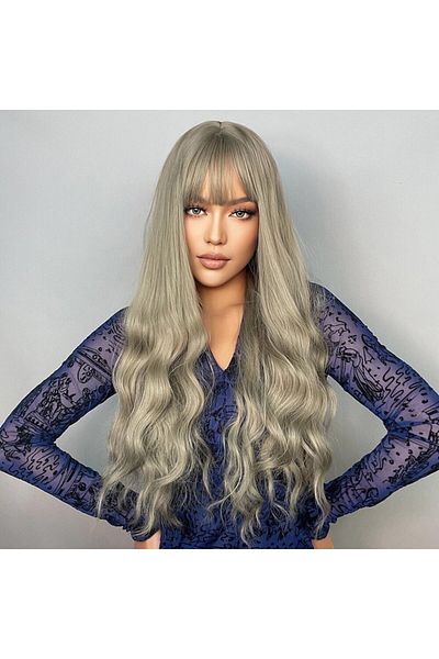animis beauty GREY wig, long wavy, Animis Beauty ®, synthetic fiber with natural look, with bangs, 70 cm