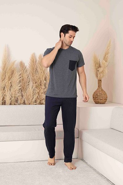 Pijamax Men's Smoked-Navy Blue Combination Short Sleeve Combed Cotton Summer Pajama Set with Pockets