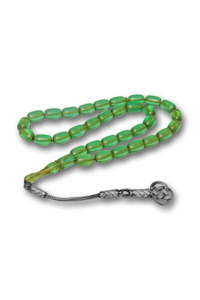 ALYANSEVİM 925 Sterling Silver Kazaz Tasseled Capsule Cut Green Fire Amber Prayer Beads