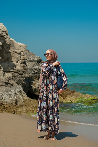 LOCCO Women's Rose Patterned Dress Navy Blue