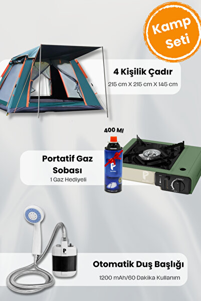 post alley 4 Kişilik Çadır + Otomatik Kamp Duş Başlığı + Kamp Gaz Sobası (1 A...