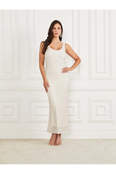 Guess V Yaka Kırık Beyaz Standart Kadın Elbise 4RGK535793Z-F1AB