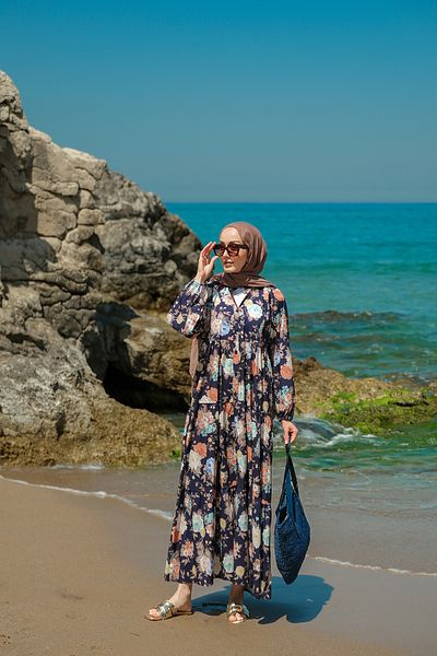 LOCCO Women's Rose Patterned Dress Navy Blue