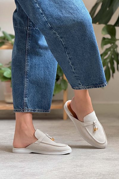 NİŞANTAŞI SHOES Most Beige Suede Genuine Leather Tassel Detailed Flat Sole Women's Slippers