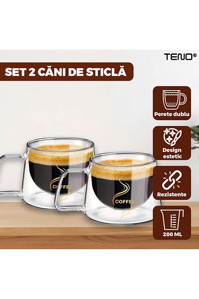 Teno Set of 2 Teno® Double Wall Glass Mugs, COFFEE model, capacity 200 ml, 12 x 8 cm