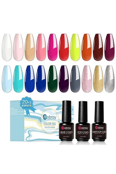 MOBRAY Set of 23 UV gel nail polishes, pink purple, with matte base coat, glossy, Mobray