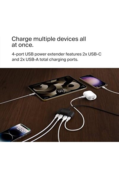 Belkin 4-Port USB Power Extender with Built in 2m Cable, 2 USB-C & 2 USB-A Ports, USB Adapter with 3
