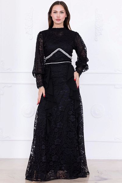 lodmela Ruffle and Stone Detailed Lace Evening Dress 2757-Black