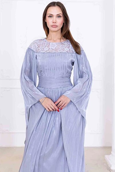 lodmela Φόρεμα βραδινό φόρεμα με κέντημα με δαντέλα και μανδύα 2762-Γκρι