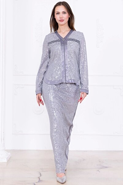 lodmela V-Neck Sequined Double Suit 4716-Grey