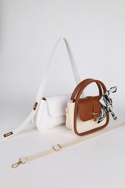 NOTHING Set de 2 pungi cadou pentru femei, alb, bronzat, crem, cu curea de blocare aurie și accesorii aurii AlessaMilan