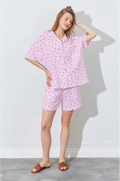 EDITION WOMAN Powdered Ash Collar Shirt and Pocket Detailed Shorts Muslin Heart Pattern Washed Shorts Set I Mks181373