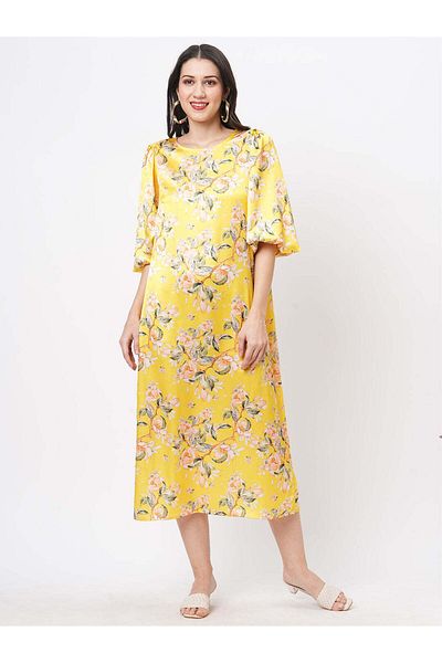 HashtagBe Oversized canary floral print calf length dress for a date in the evening